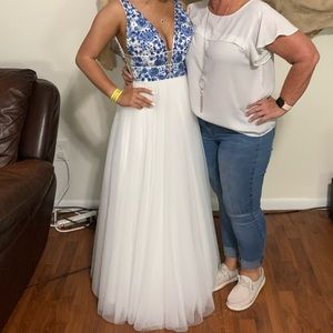 blue and white prom dress